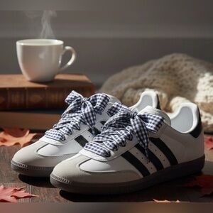 Adidas Black and White Samba Sneakers with Gingham Laces